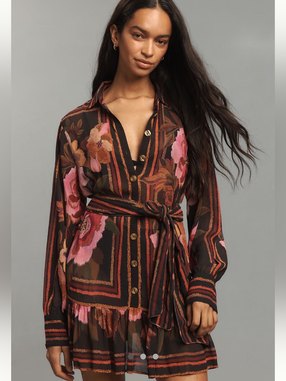 Farm Rio Chenille Flowers Long Sleeve Belted Mini Shirt Dress- Small